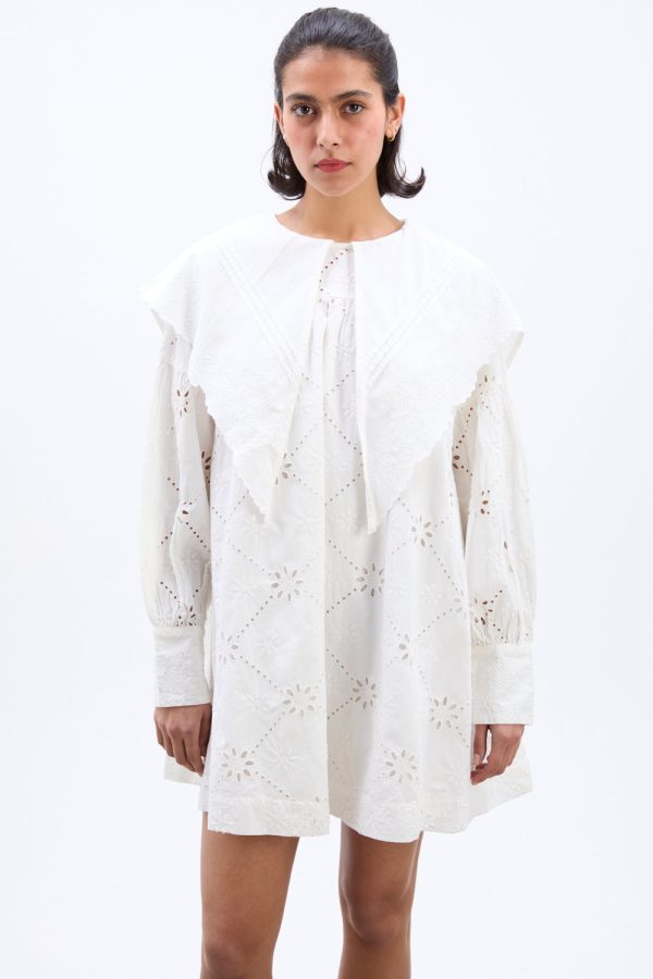 clementine embroidered collared mini dress - white - Image 2