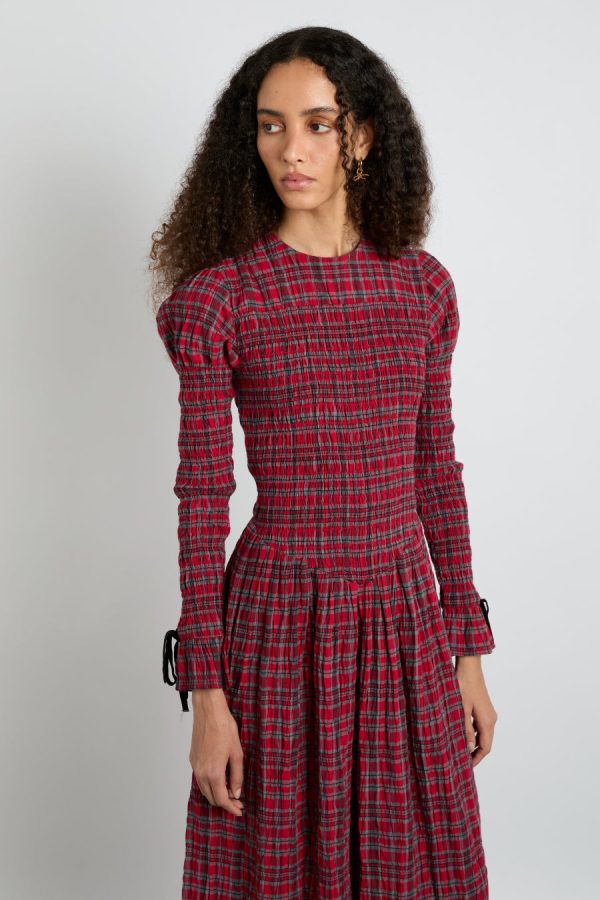 alice shirred midi dress- red check - Image 2