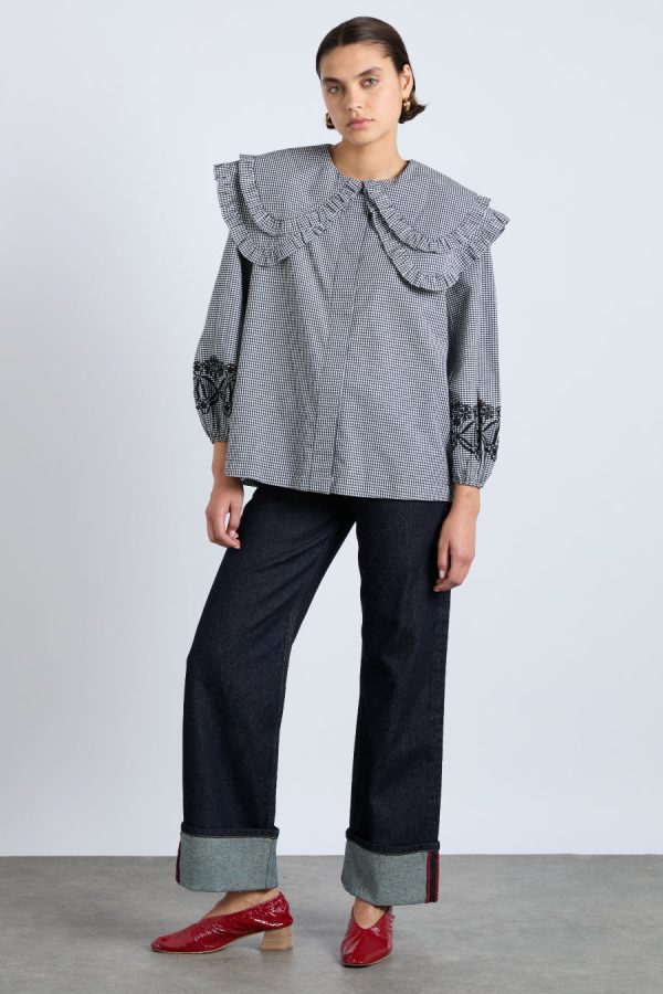 lois double collar blouse - black gingham - Image 2