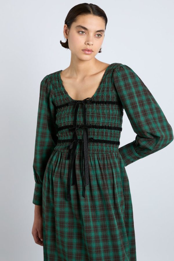 elle shirred midi dress - green check - Image 3