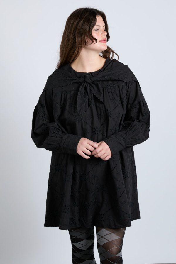 clementine embroidered collared mini dress - black - Image 4