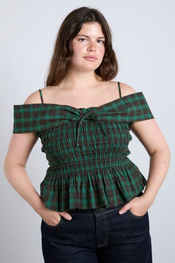 elsa shirred bardot cami - green check - Image 6