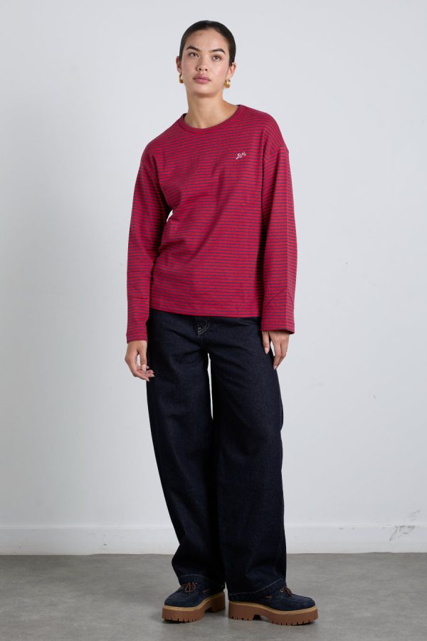 red and navy  stripe long sleeve top - Image 2