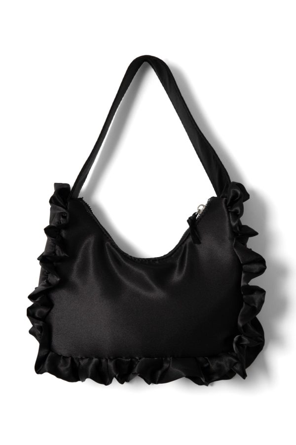 90s frill shoulder bag in satin - black - Image 3
