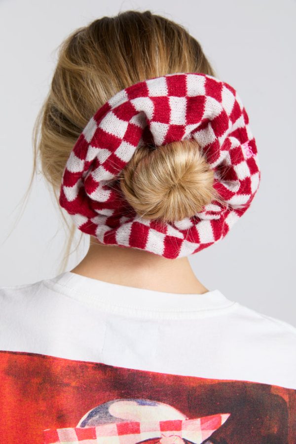 knitted scrunchie in red u0026 ecru gingham