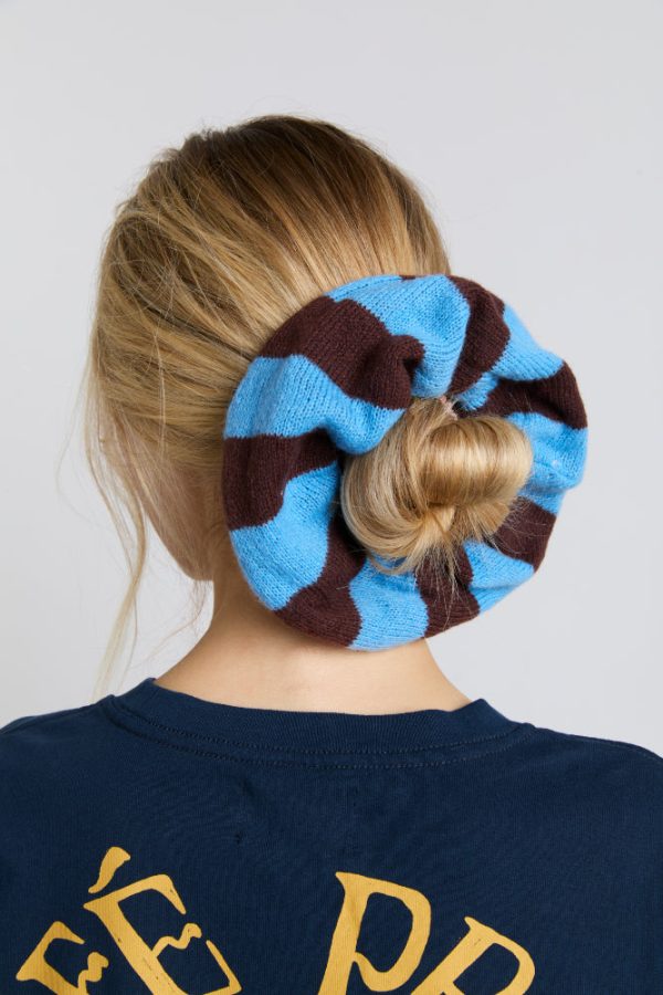 knitted scrunchie in choc u0026 blue stripe