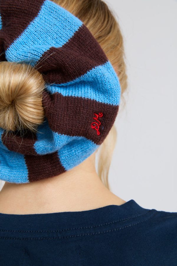 knitted scrunchie in choc u0026 blue stripe - Image 2