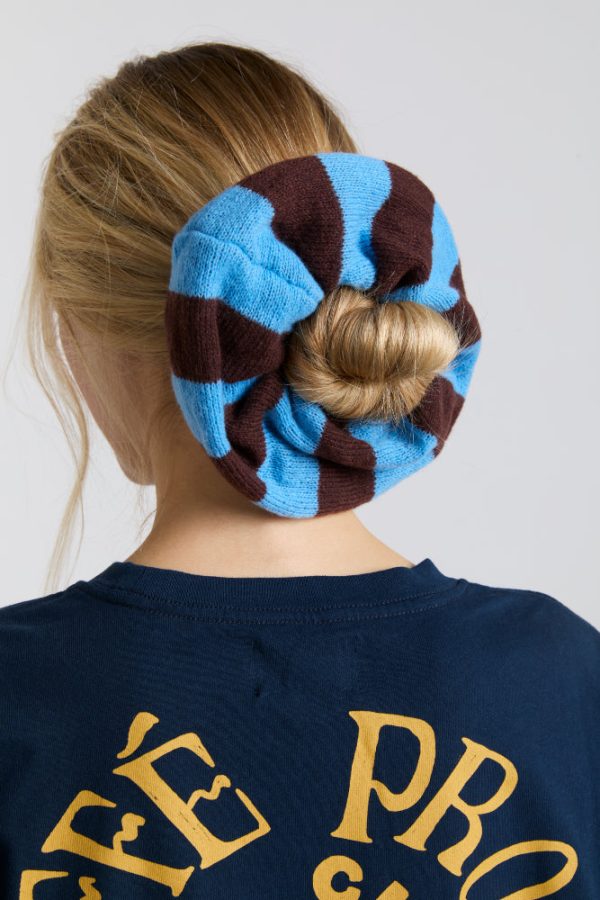 knitted scrunchie in choc u0026 blue stripe - Image 5