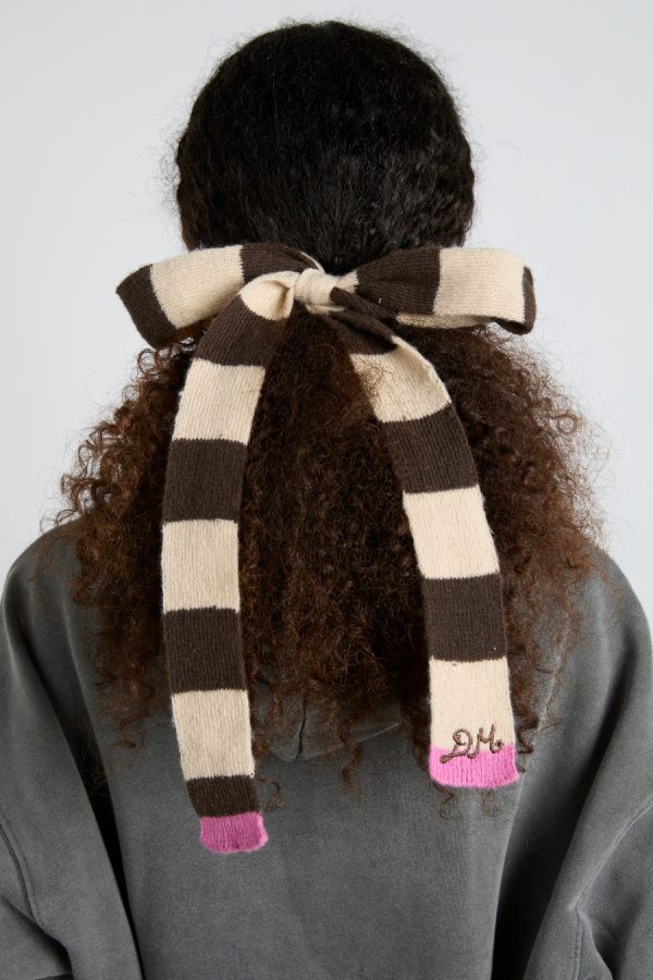 knitted hair bow in stripe - ecru u0026 choc