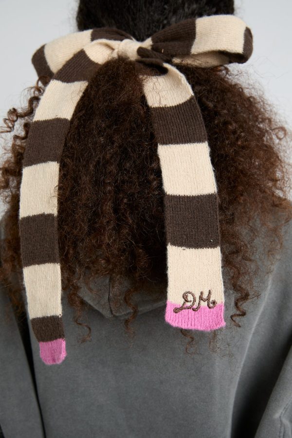 knitted hair bow in stripe - ecru u0026 choc - Image 3