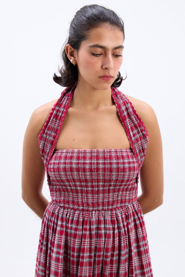 pia midi dress - red check - Image 3