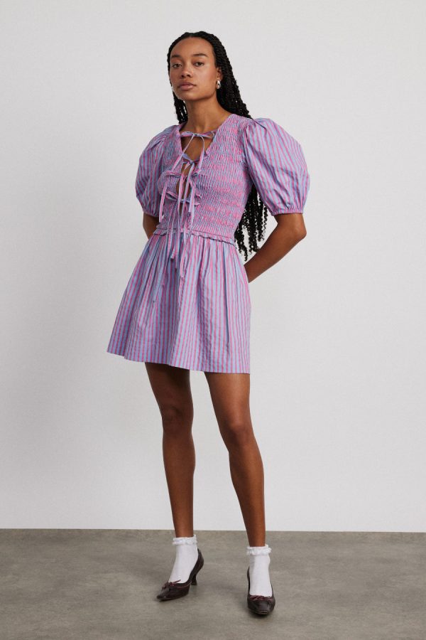 bluebelle shirred mini dress - pink u0026 blue stripe