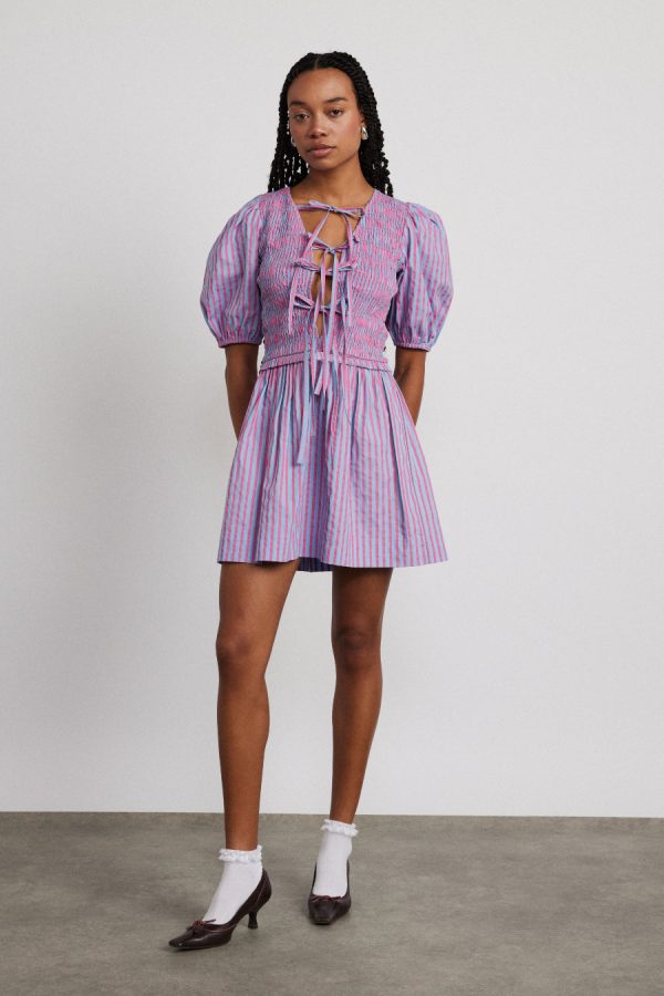 bluebelle shirred mini dress - pink u0026 blue stripe - Image 3