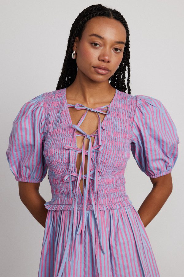 bluebelle shirred mini dress - pink u0026 blue stripe - Image 4