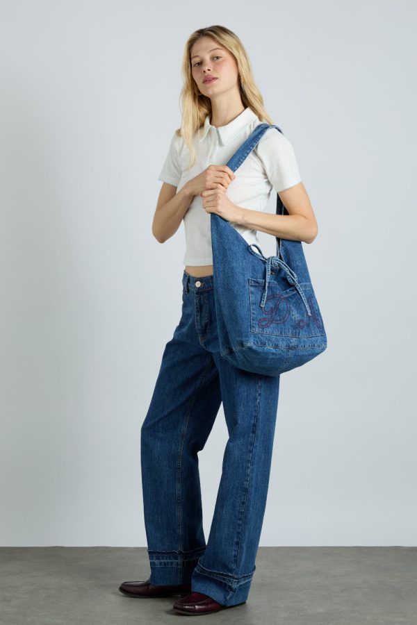 denim sling bag with pocket detail - Image 4
