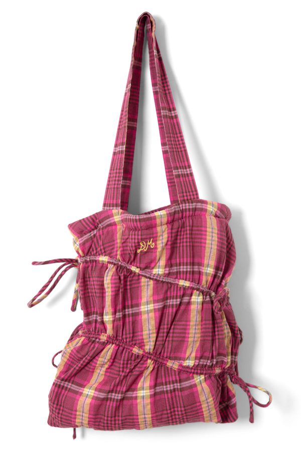 wavy bow tote bag in pink u0026 khaki check - Image 2