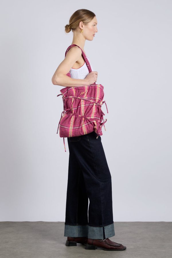 wavy bow tote bag in pink u0026 khaki check - Image 3