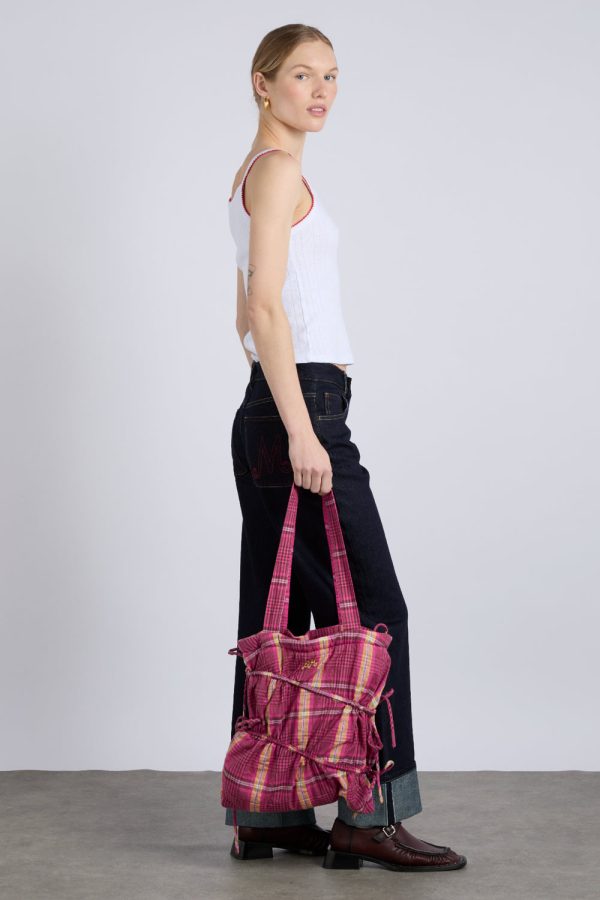 wavy bow tote bag in pink u0026 khaki check - Image 5