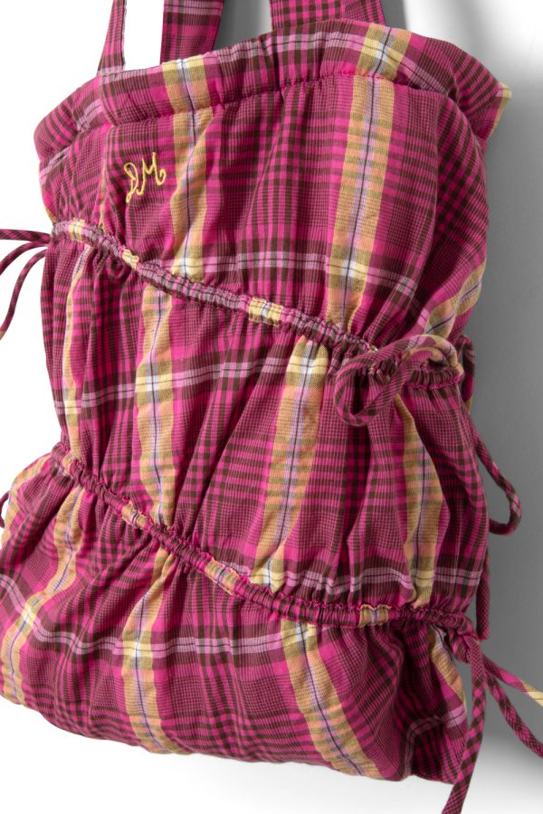 wavy bow tote bag in pink u0026 khaki check - Image 6