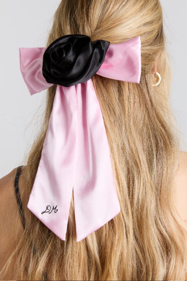 rosette bow clip - pink u0026 black satin