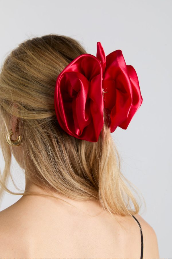 oversized satin rose hairclip in red