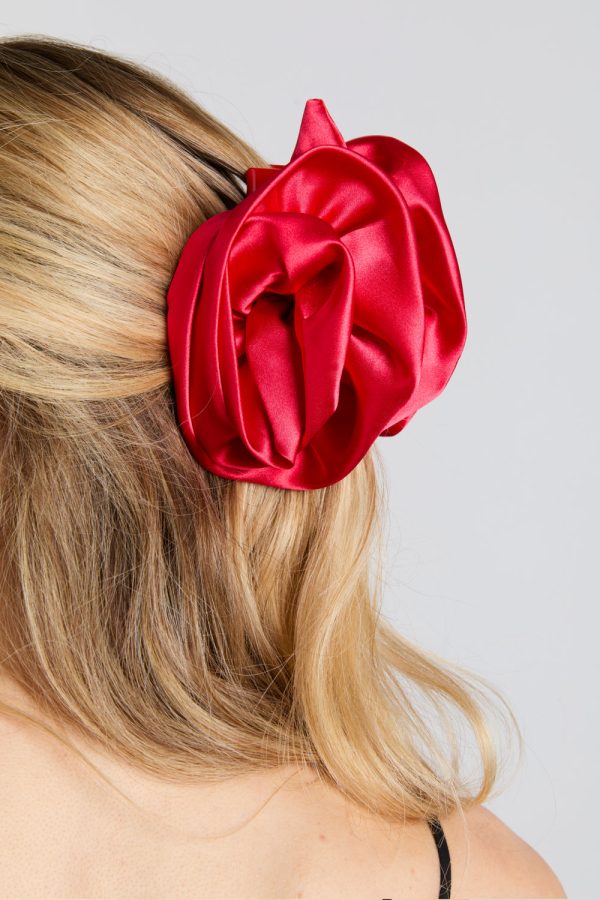 oversized satin rose hairclip in red - Image 3