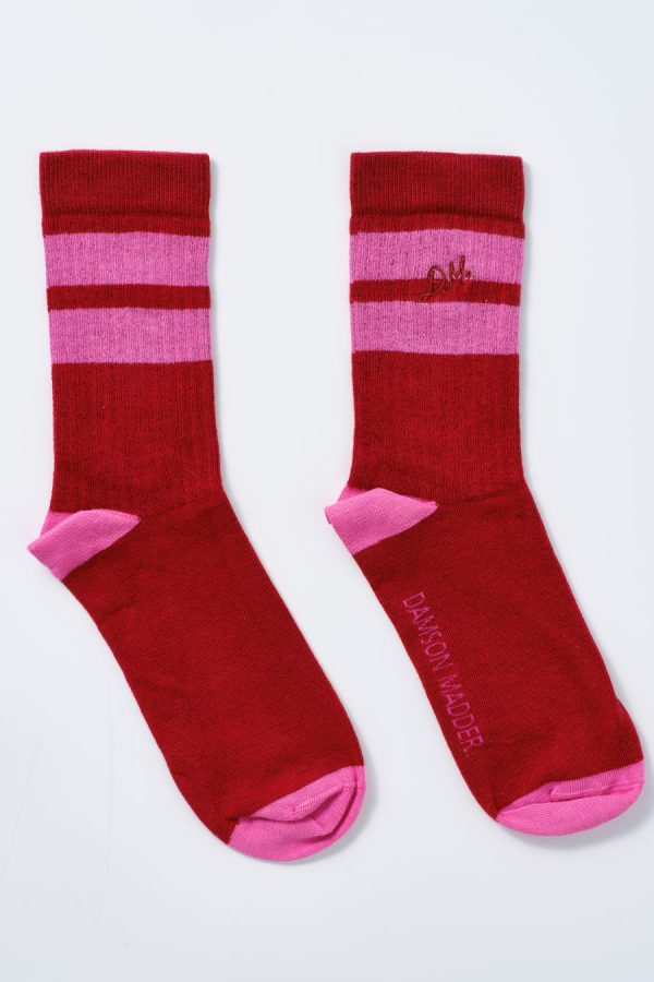 Sporty calf length socks - red u0026 pink stripe