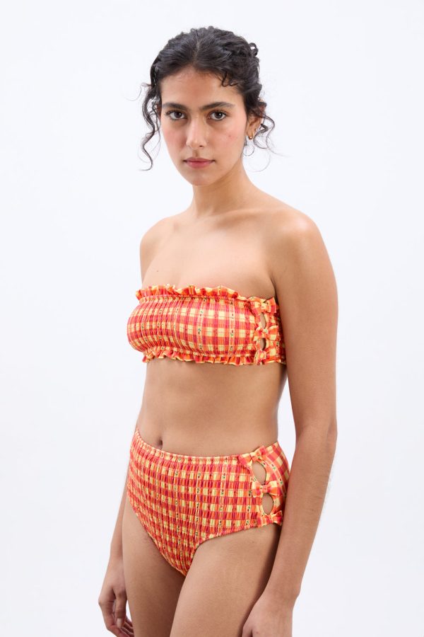 shirred bow high bikini bottoms - orange gingham - Image 2