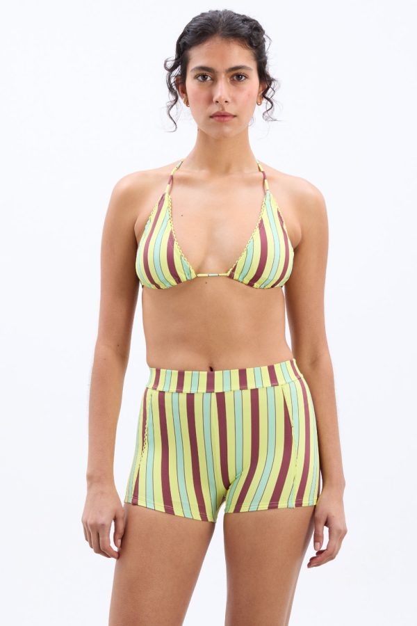 picot trim triangle bikini top - tropical stripe