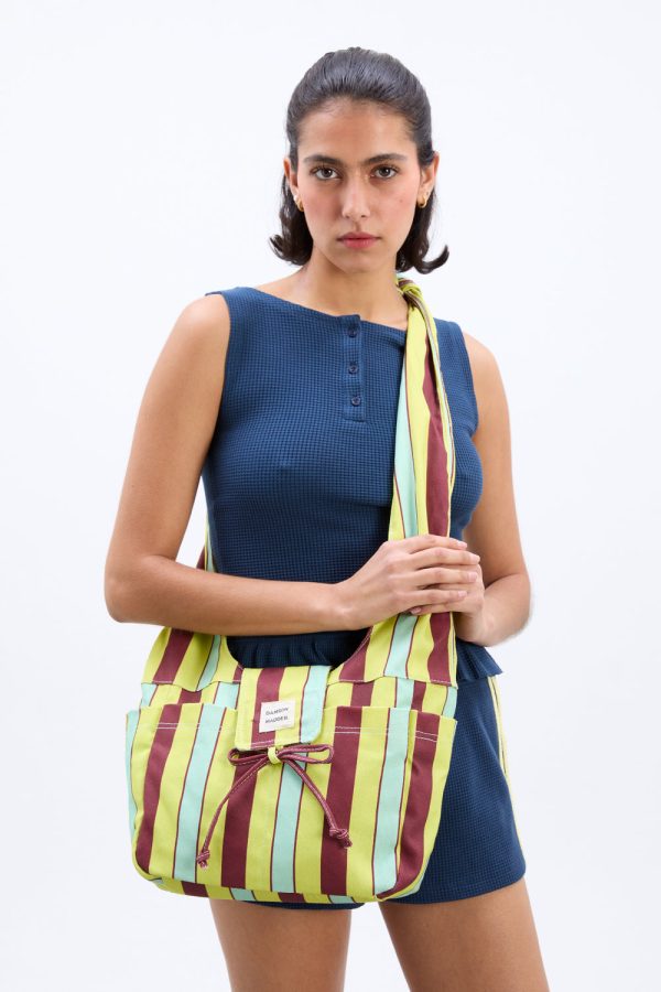 tati beach canvas bag in lime stripe - Image 2