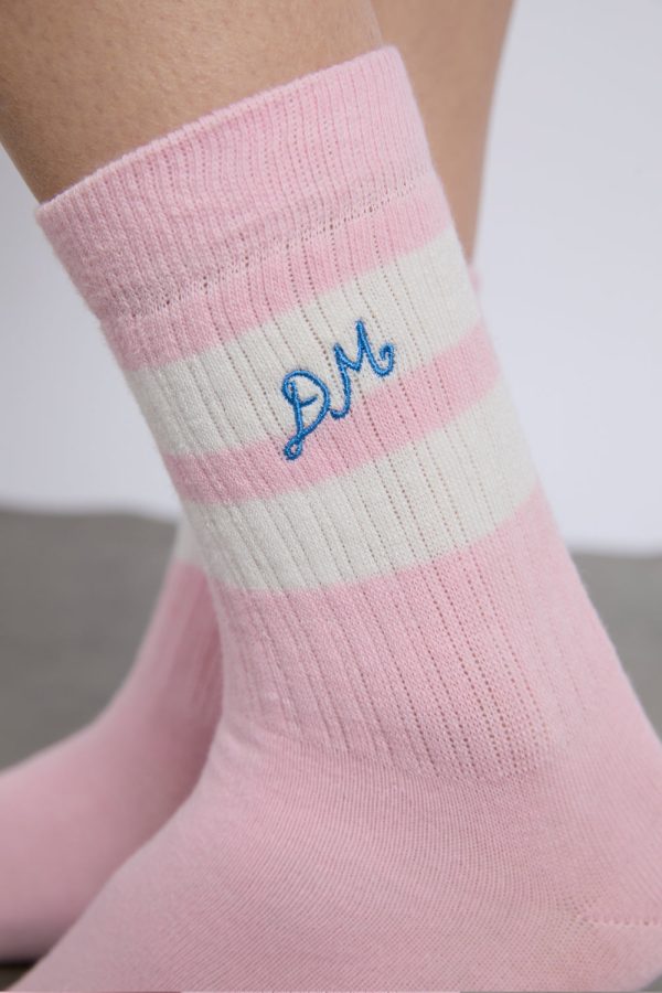 sporty calf length socks in pink and ecru - Image 2