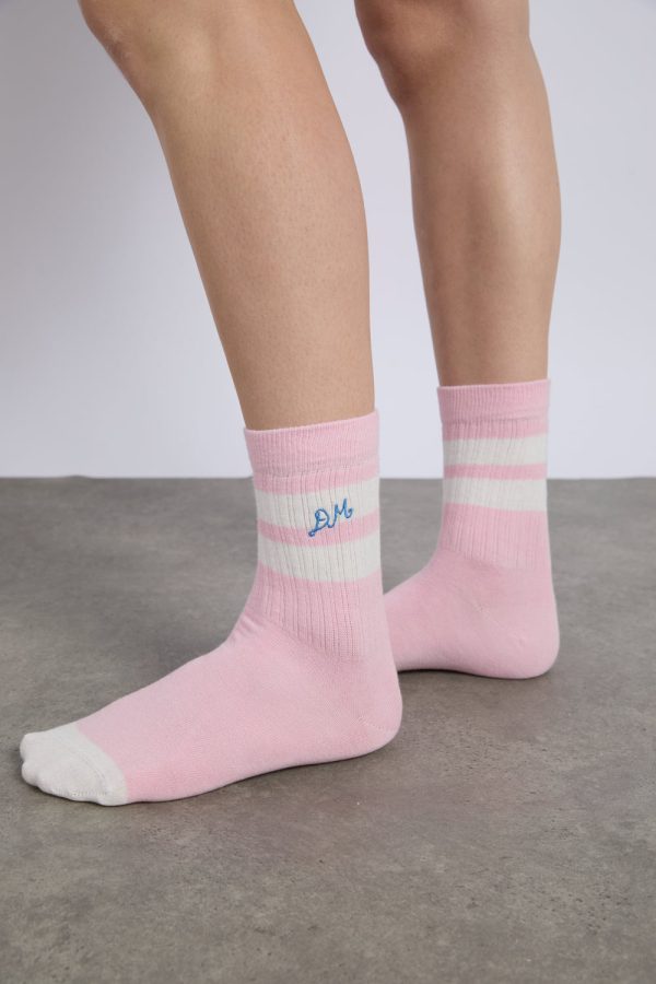 sporty calf length socks in pink and ecru - Image 3