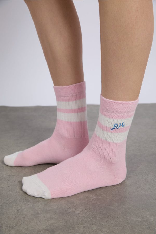 sporty calf length socks in pink and ecru - Image 4