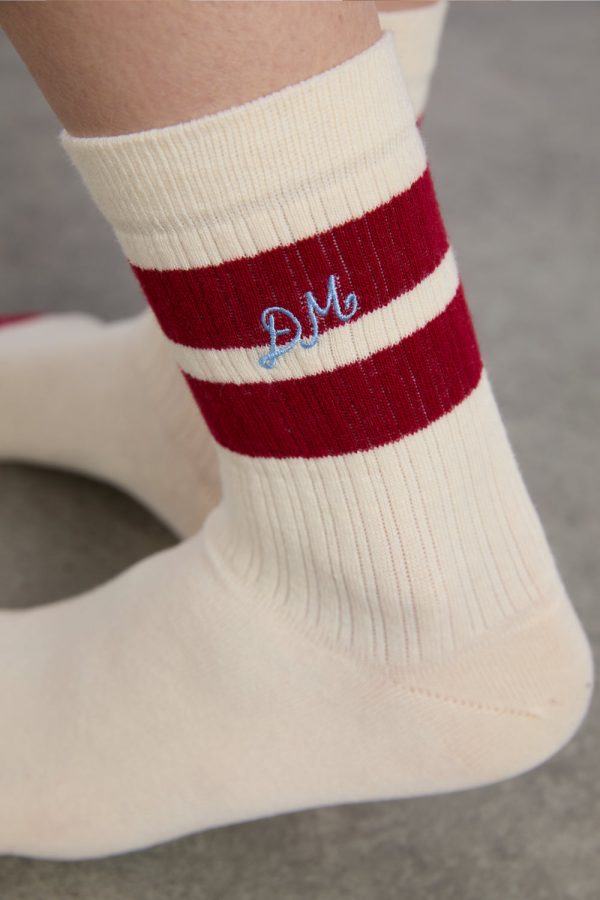 sporty calf length socks in cream and red - Image 2