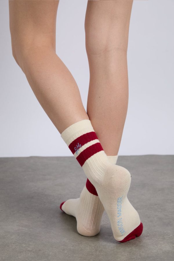 sporty calf length socks in cream and red - Image 4