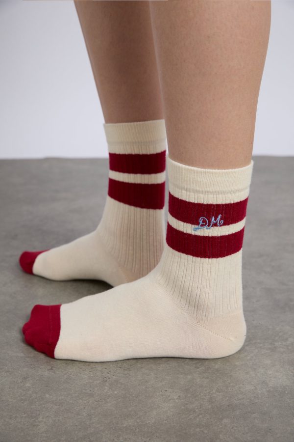 sporty calf length socks in cream and red - Image 5